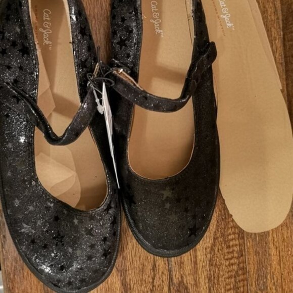 CAT & Jack Girls' Omega Ballet Flats, Sz 1 & sz 5 black sparkly stars - Picture 7 of 11